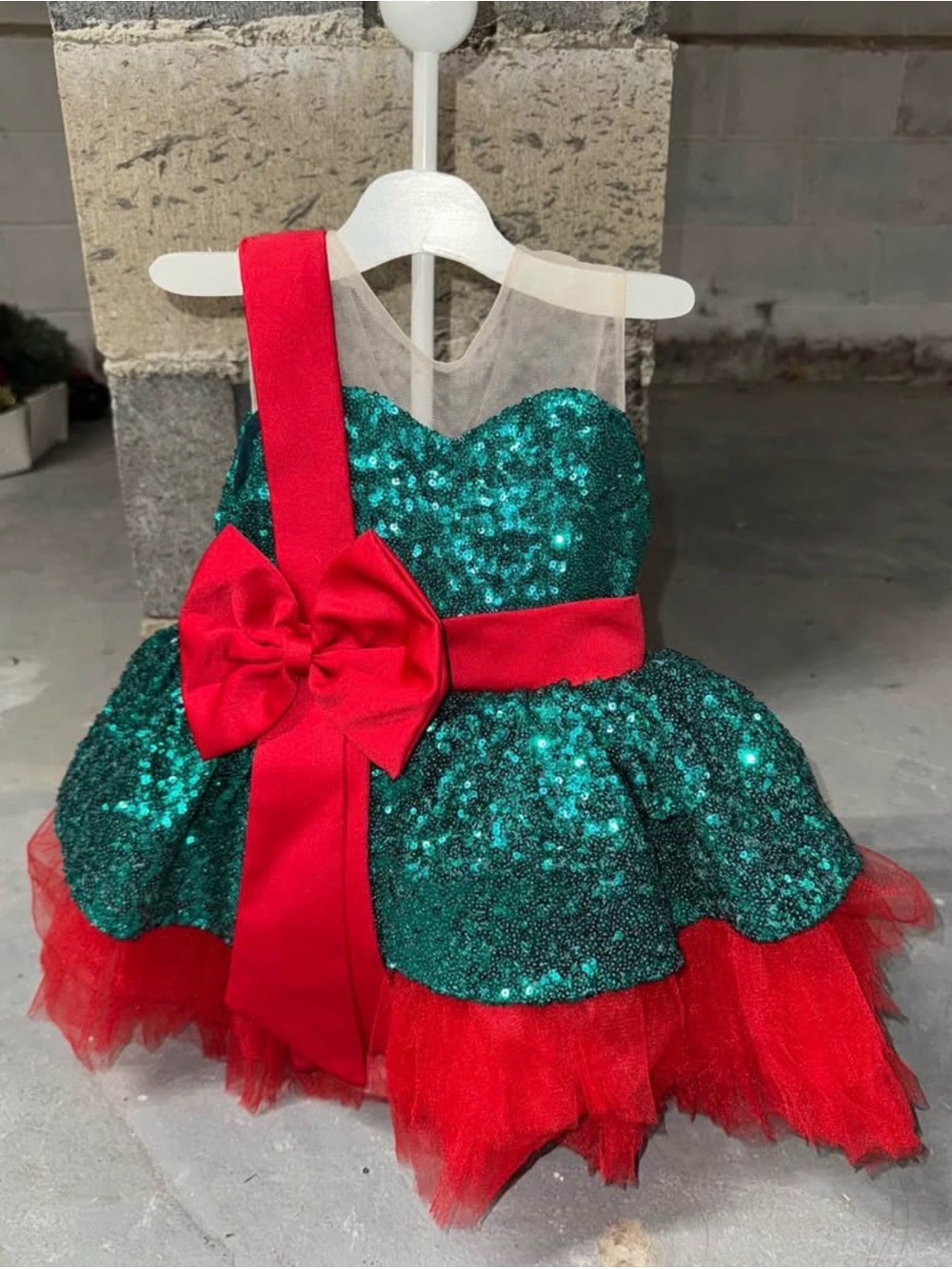 Green Sequin & Red Tulle Party Dress with Bow